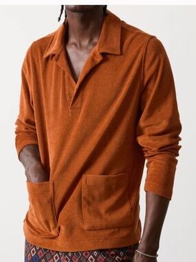 Todd Snyder Long Sleeve Terry Cloth Beach Polo in Gingersnap Brown size S